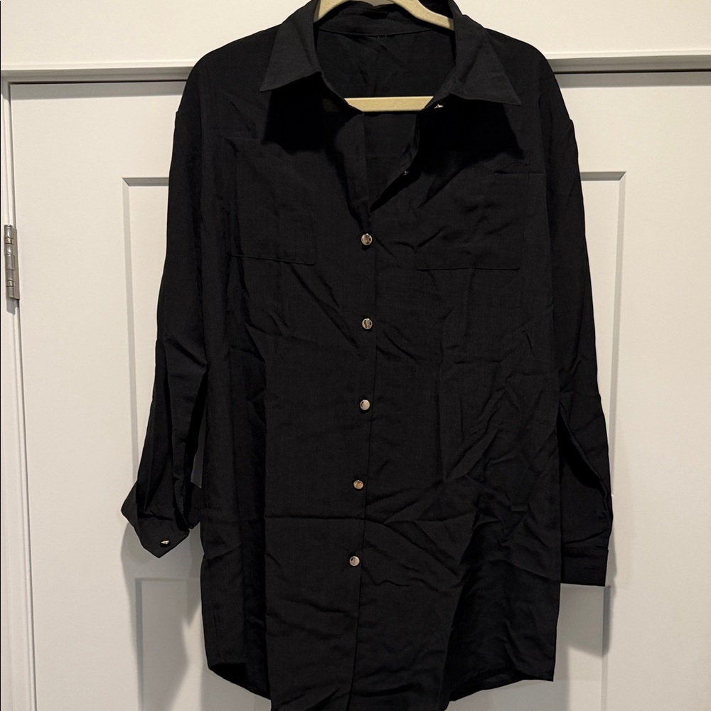 Women’s Black Lightweight Button-Up Shirt Dress with Belt